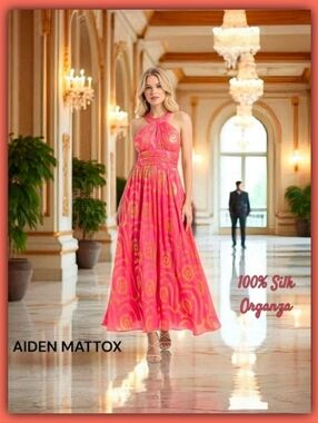 Aiden Mattox Silk Organza Crossback Halter Maxi Dress Gown size 10